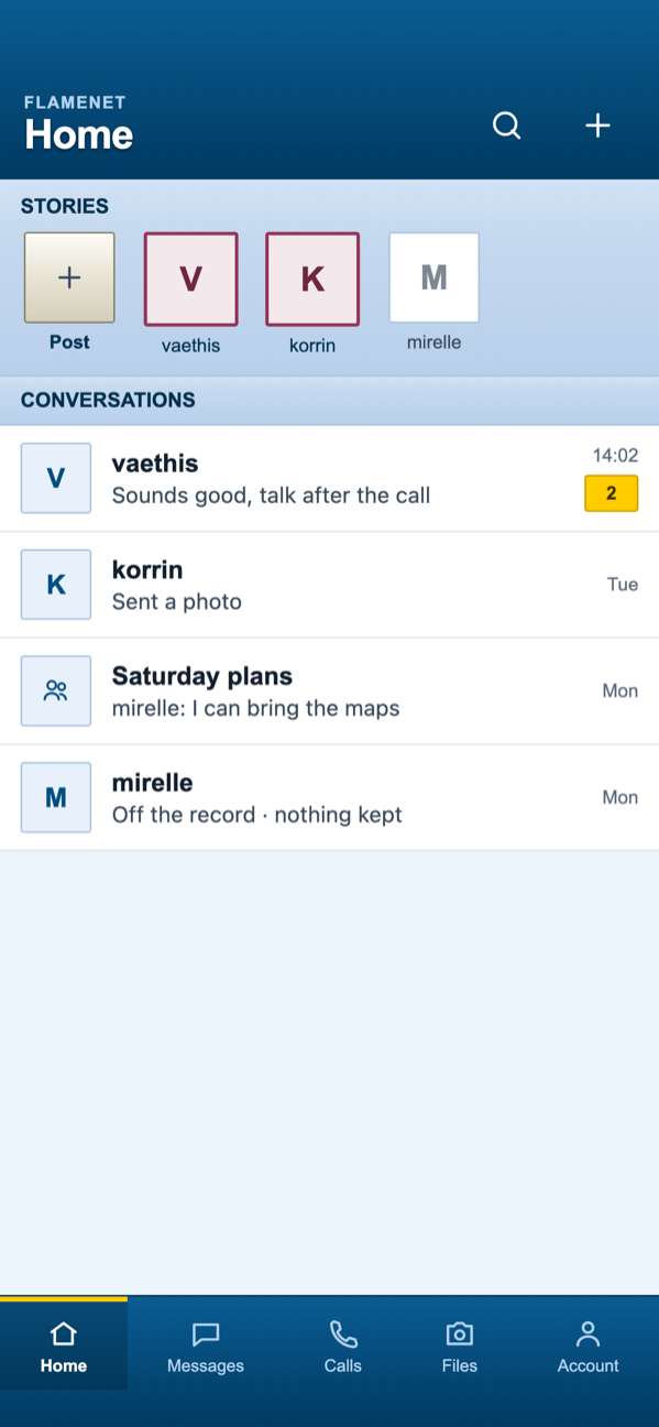 A conversation in the app: six messages between two people, sent and received, with the time each one arrived.